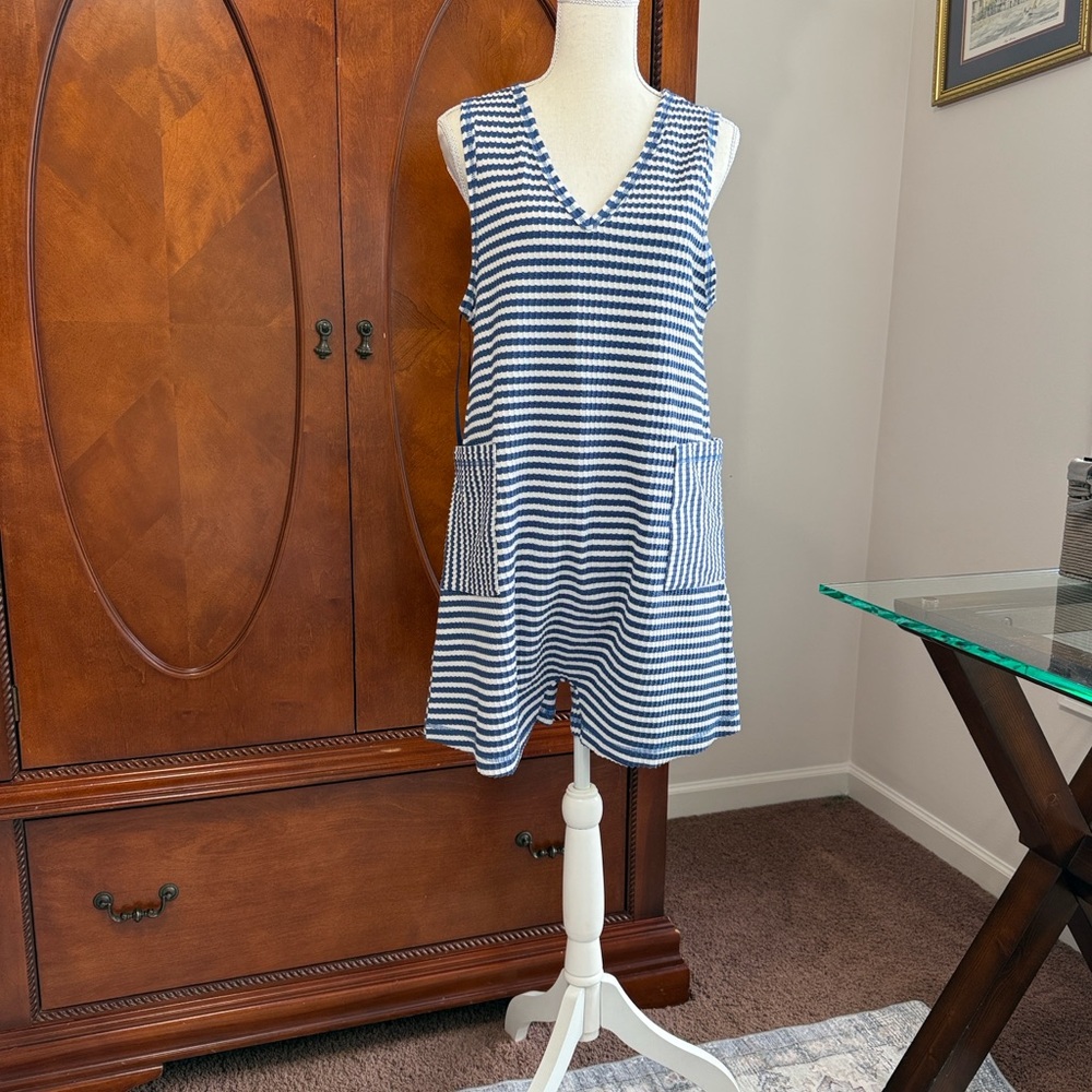 Very J Navy and White Striped Romper